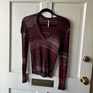 Free People Burgundy and Black Knit V-neck Sweater